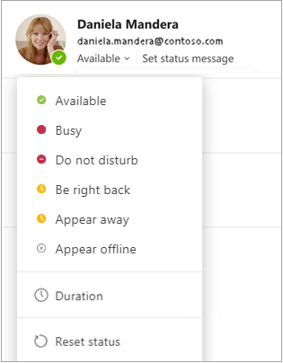 status options Managing availability with Microsoft Teams